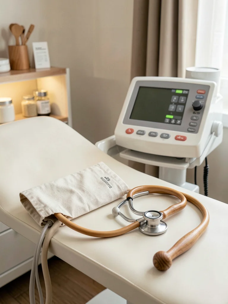 Blood pressure cuff in cream linen, warm wood stethoscope handle, clinical cozy 