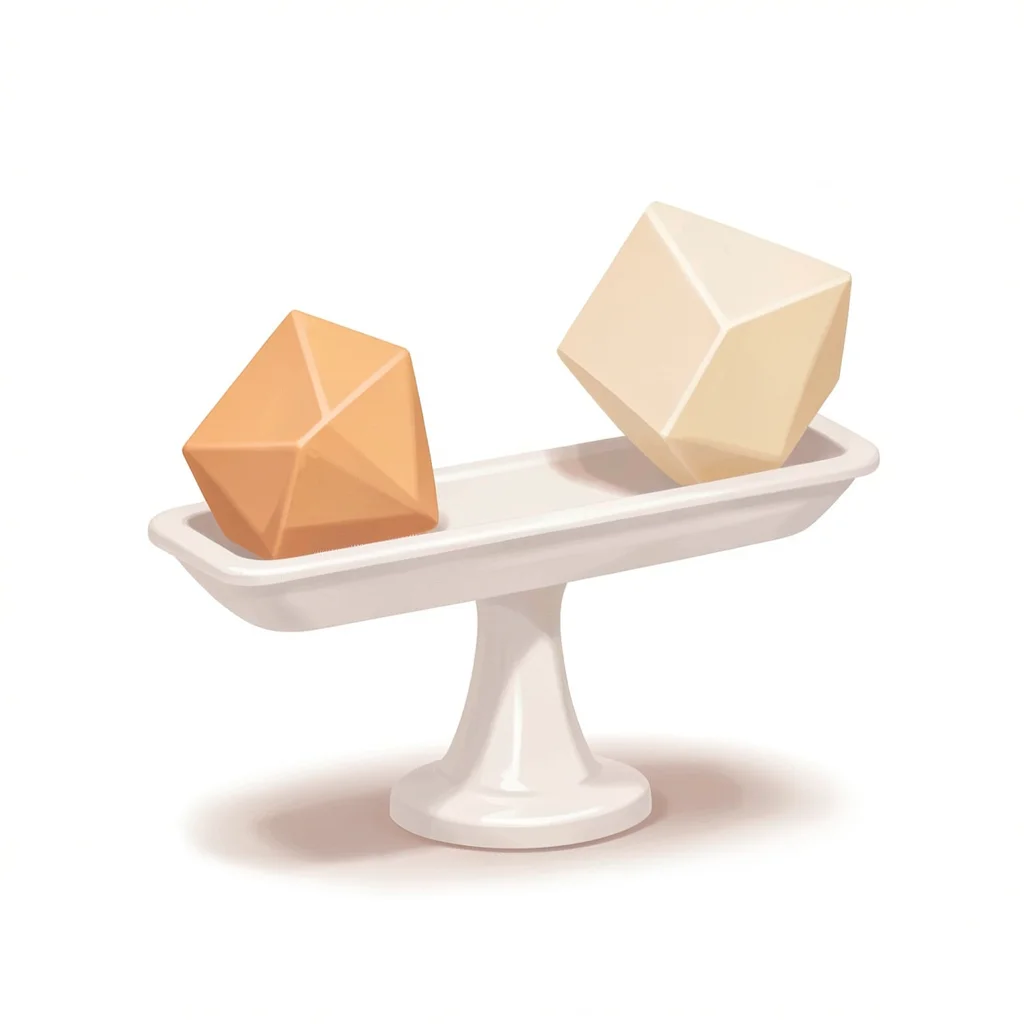 a balanced scale weighing two differently sized geometric solids, soft cushion s