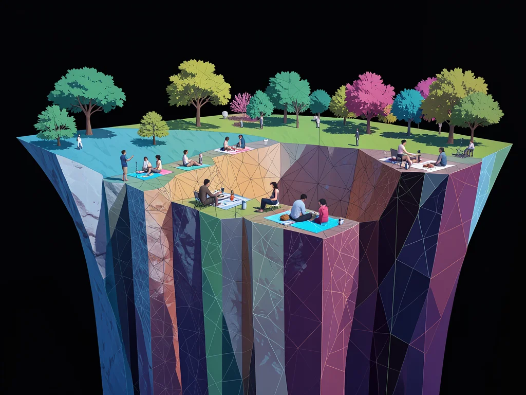 Park scene where people picnic on vertical cliff face as if it's flat ground