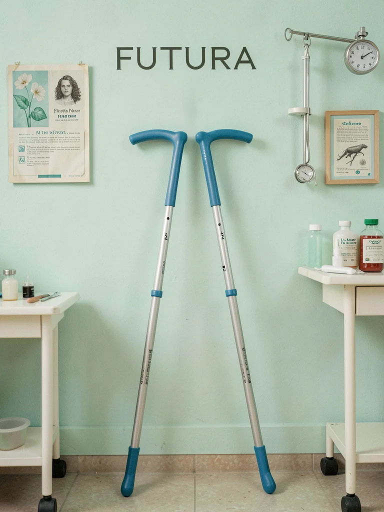 Crutches leaning symmetrically against mint wall, rubber tips aligned, medical p