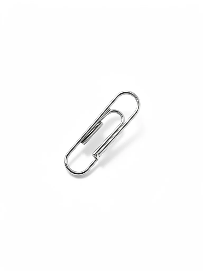 Silver paperclip floating in white void, multiple light sources creating jewelry