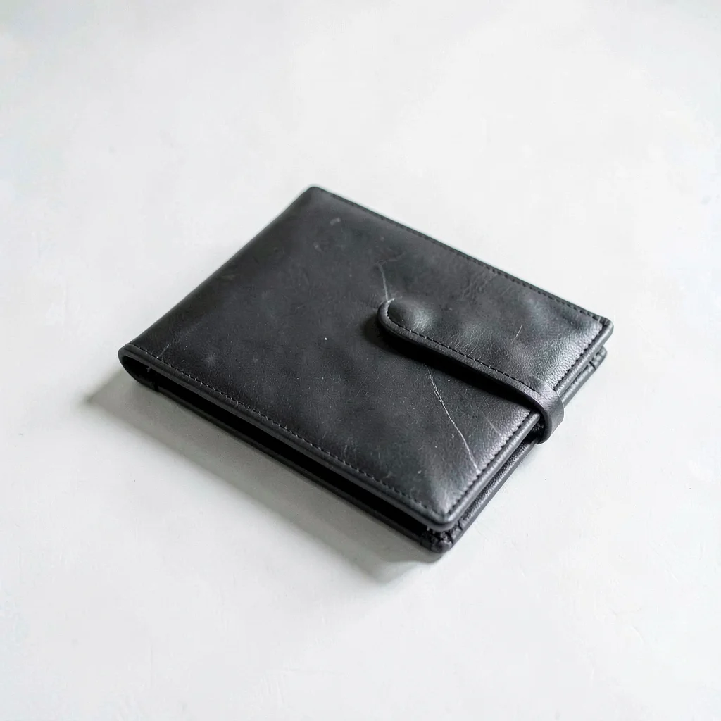 White-on-white still of a closed leather portfolio resting on a chalk desk, hair