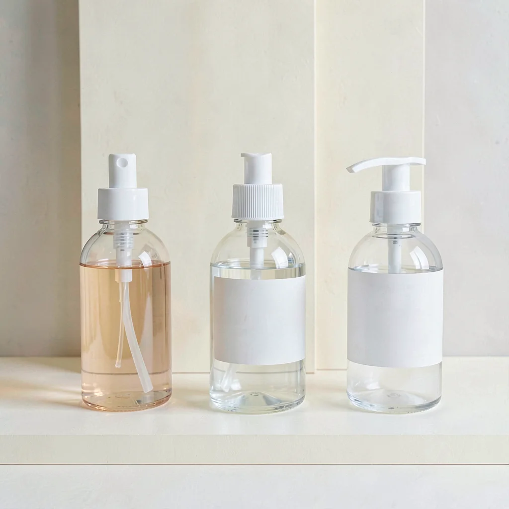 Wide retargeting layout of three acrylic bottles across a cream color block