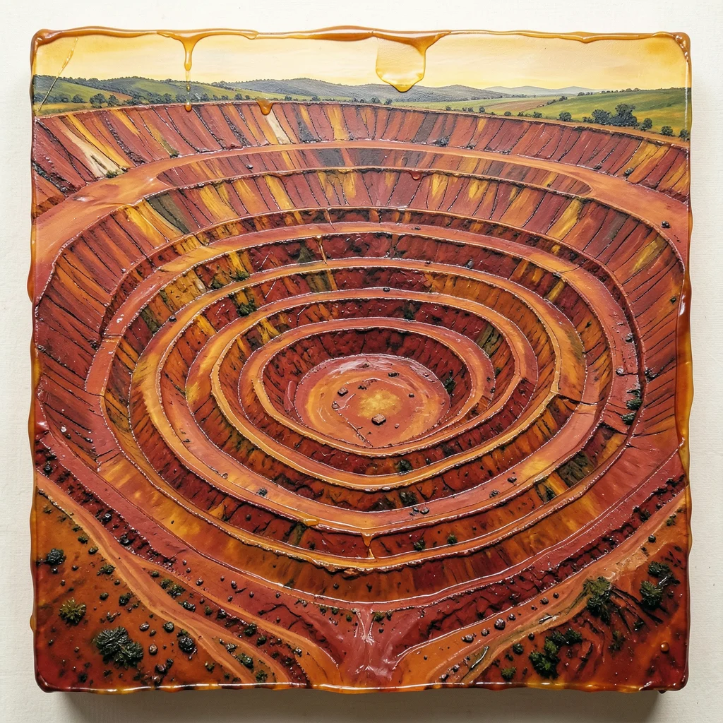 An open-pit mine with concentric descending terraces carved into red earth