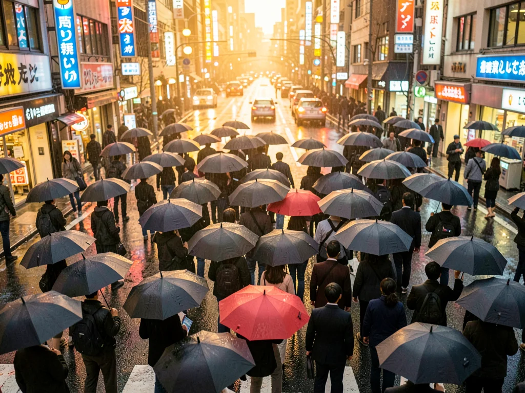 Commuter crowd at crossing seen from above — a sea of black umbrellas in motion,
