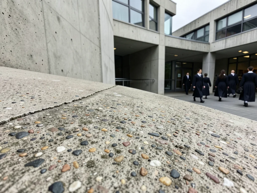 Brutalist university building exterior, geometric concrete, students in gowns ex