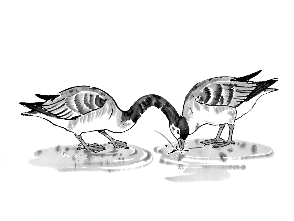 Two geese landing on water, feet first, minimal splash indicated