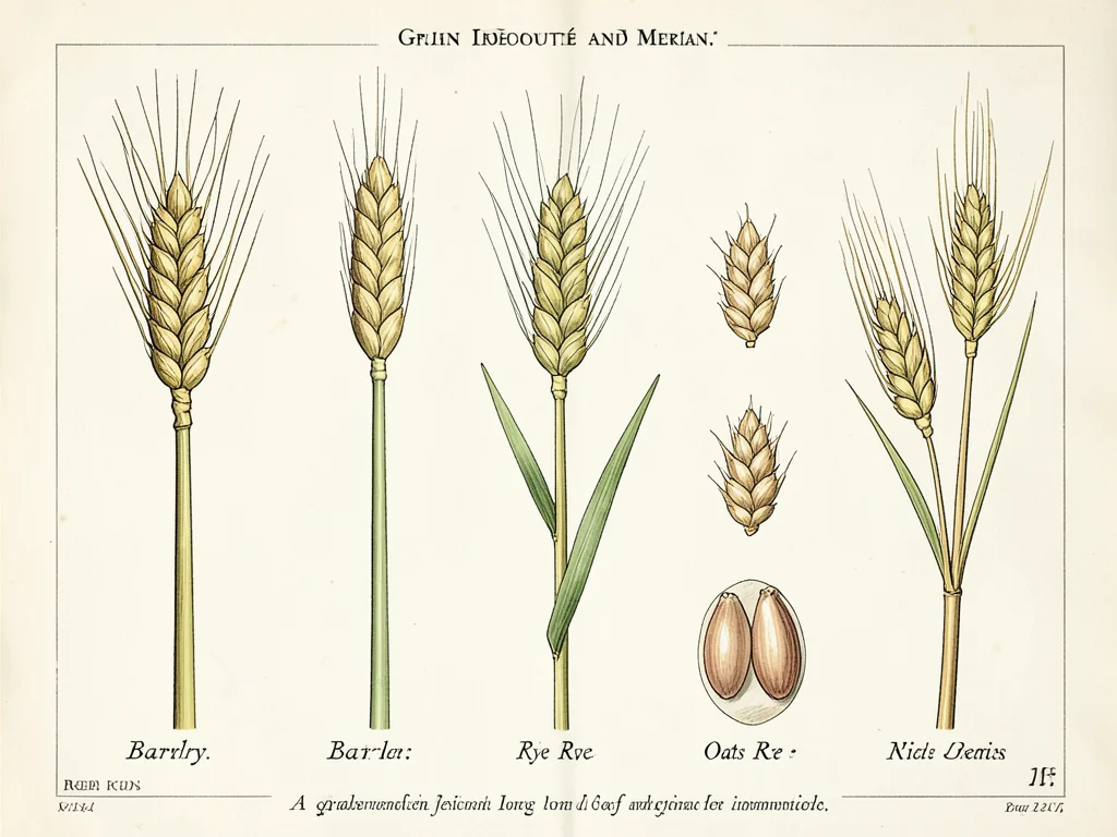 A grain identification plate: wheat, barley, rye, oats, and rice — each showing 