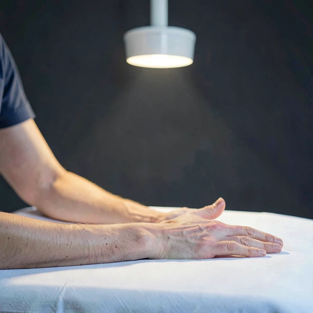 Hands resting palms-up on a clean treatment table, soft single-source lamp, cool