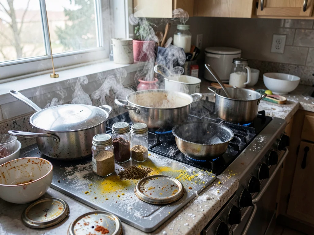 Open spice jars with spilled powder on counter