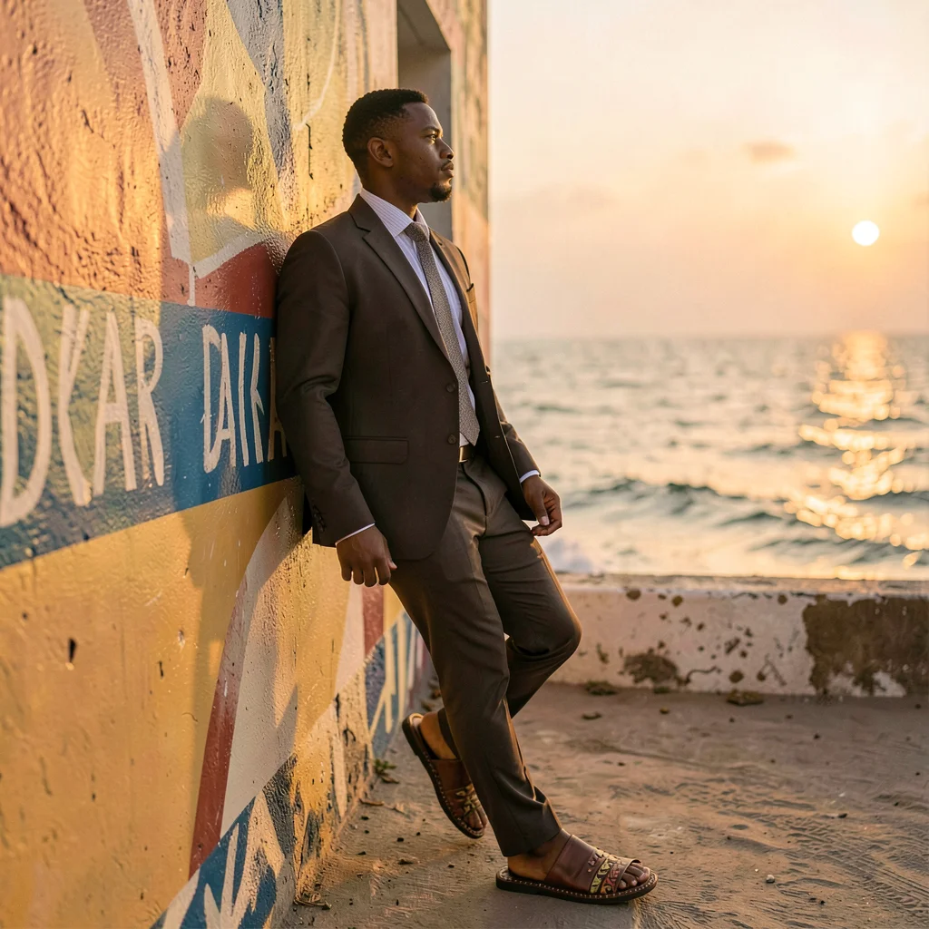Peachy golden Dakar sunset light through sea haze, Young man in modern suit with