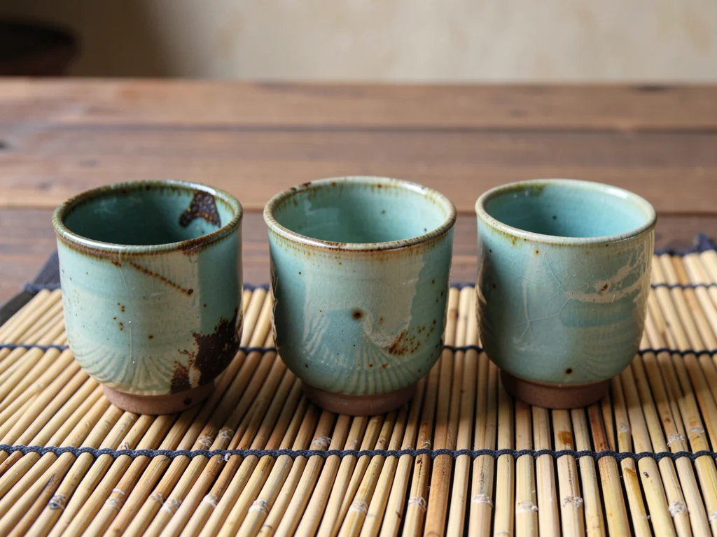 Three sake cups in a celadon glaze lined up on a bamboo mat
