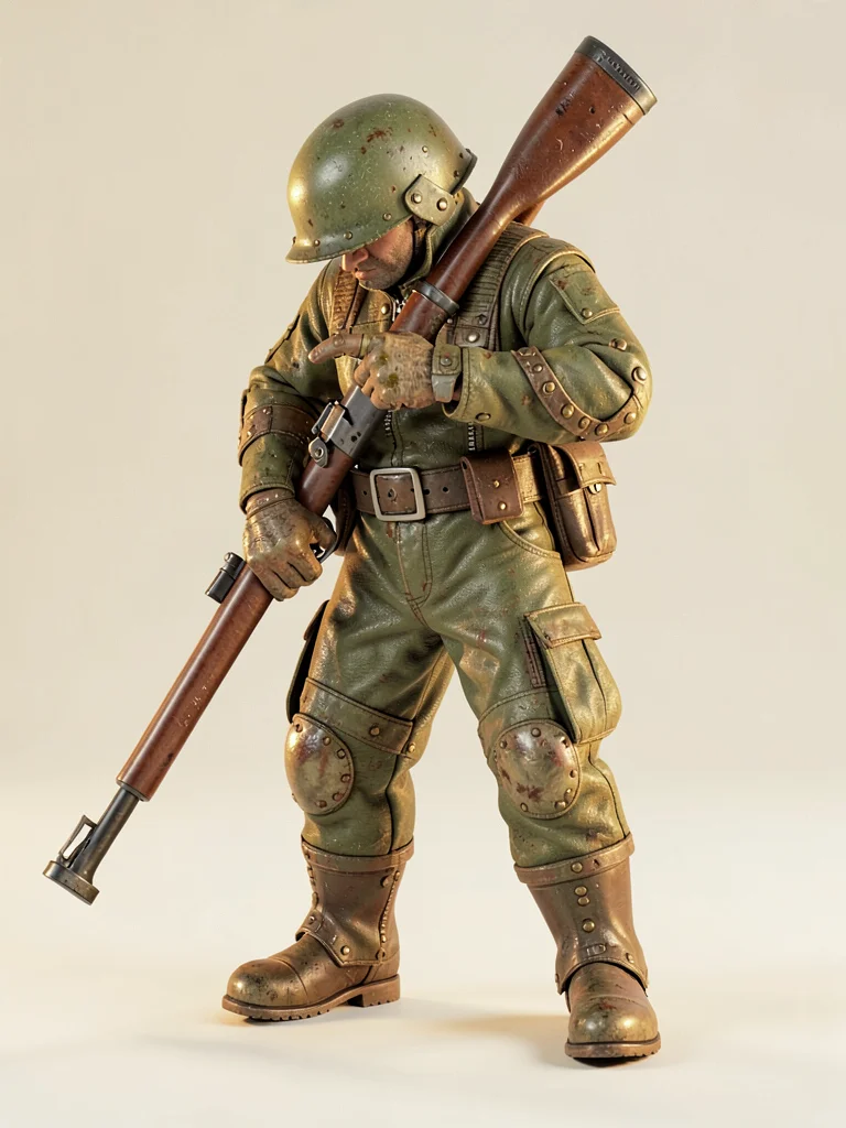 The machine-gunner stands with his weapon shouldered, head ducked so the helmet 