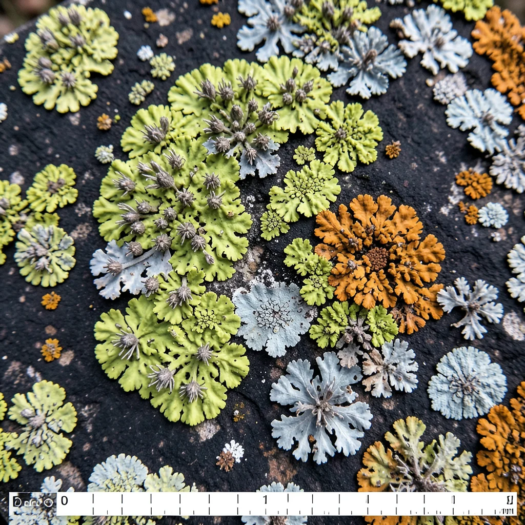 Lichen on basalt boulder, black rock surface hosting chartreuse and grey colonie