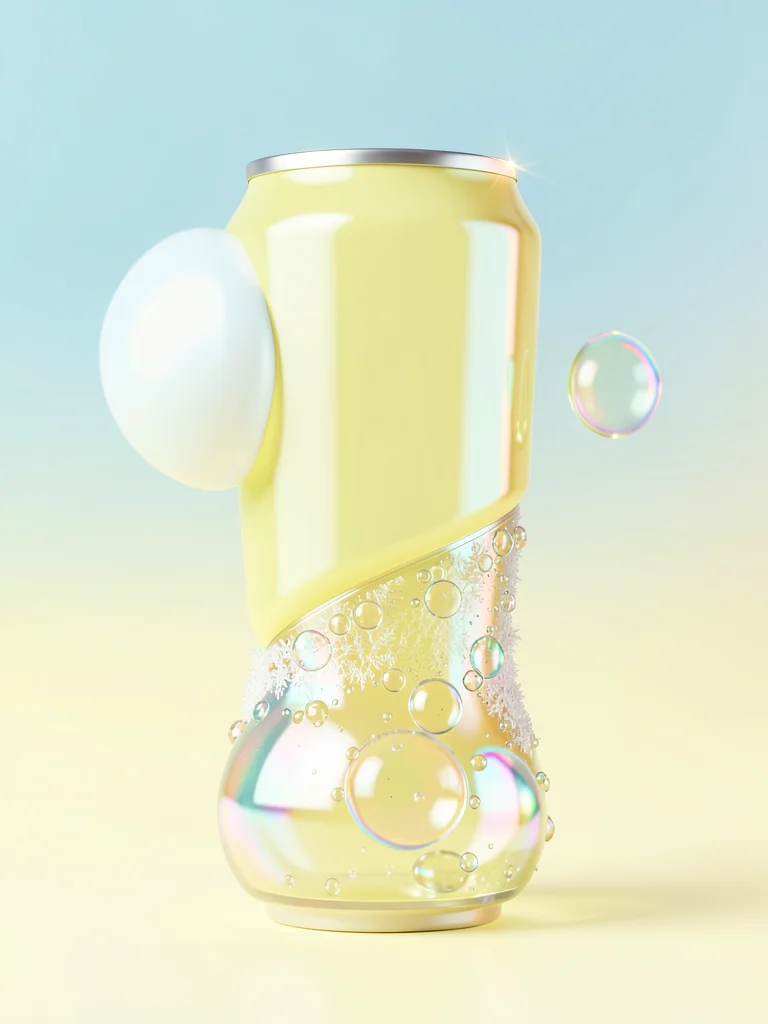 Translucent lemon-yellow energy drink can with frost beading at its waist on a s