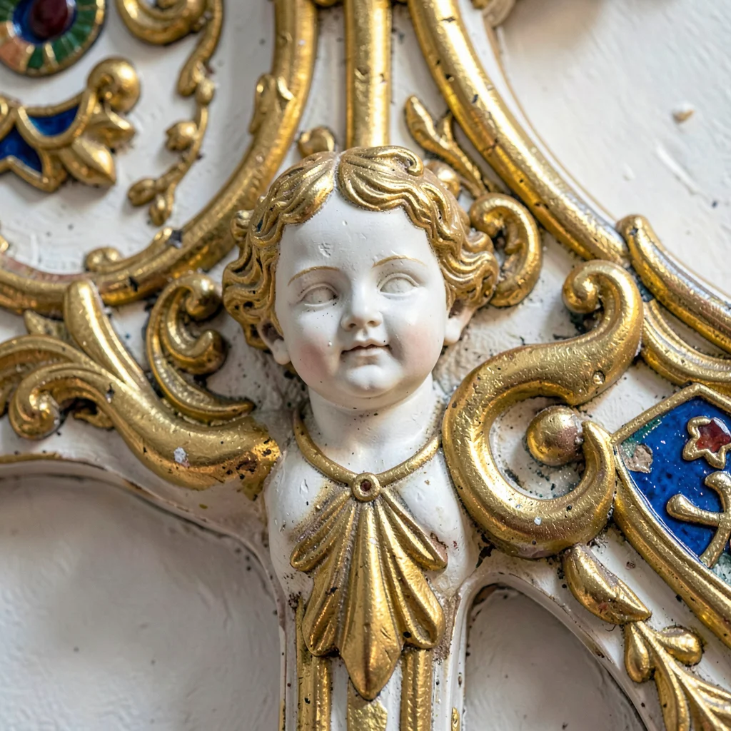 Baroque ornament fragment, Moravian gilt detail, Processional cross detail, enam