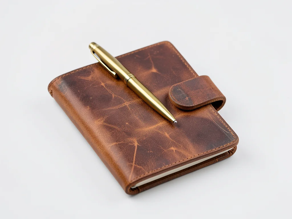 A leather notebook with an elastic closure, aged to a warm brown patina, a brass