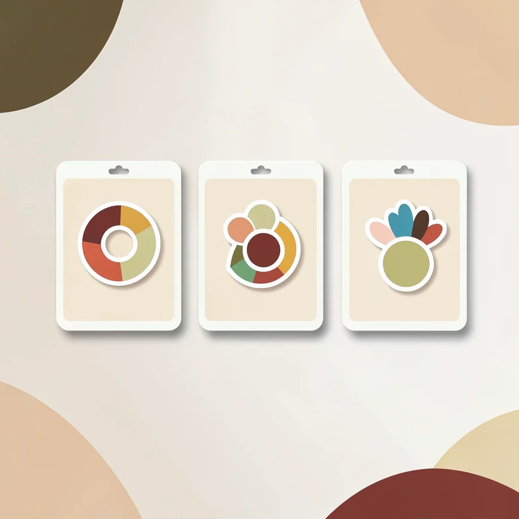 A sticker-sheet sample-card layout with three small sticker-pack samples arrange