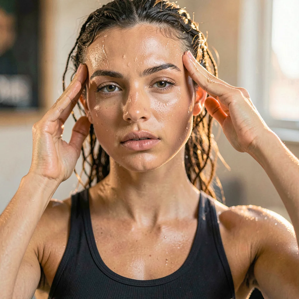 Soft portrait of a model post-workout, fingertip wiping sweat at her temple, pai