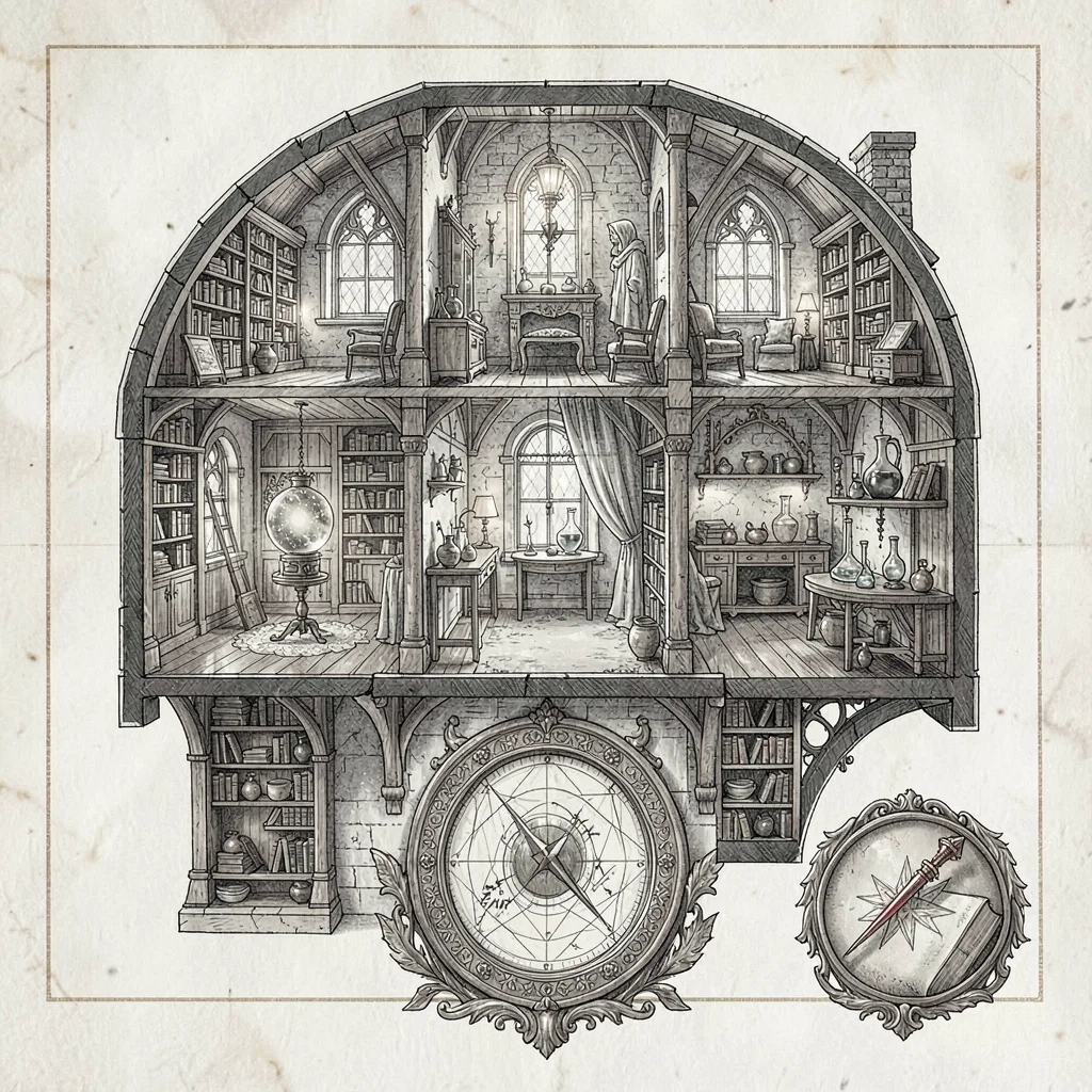 A high-fantasy mage-tower interior cross-section with library, scrying chamber, 
