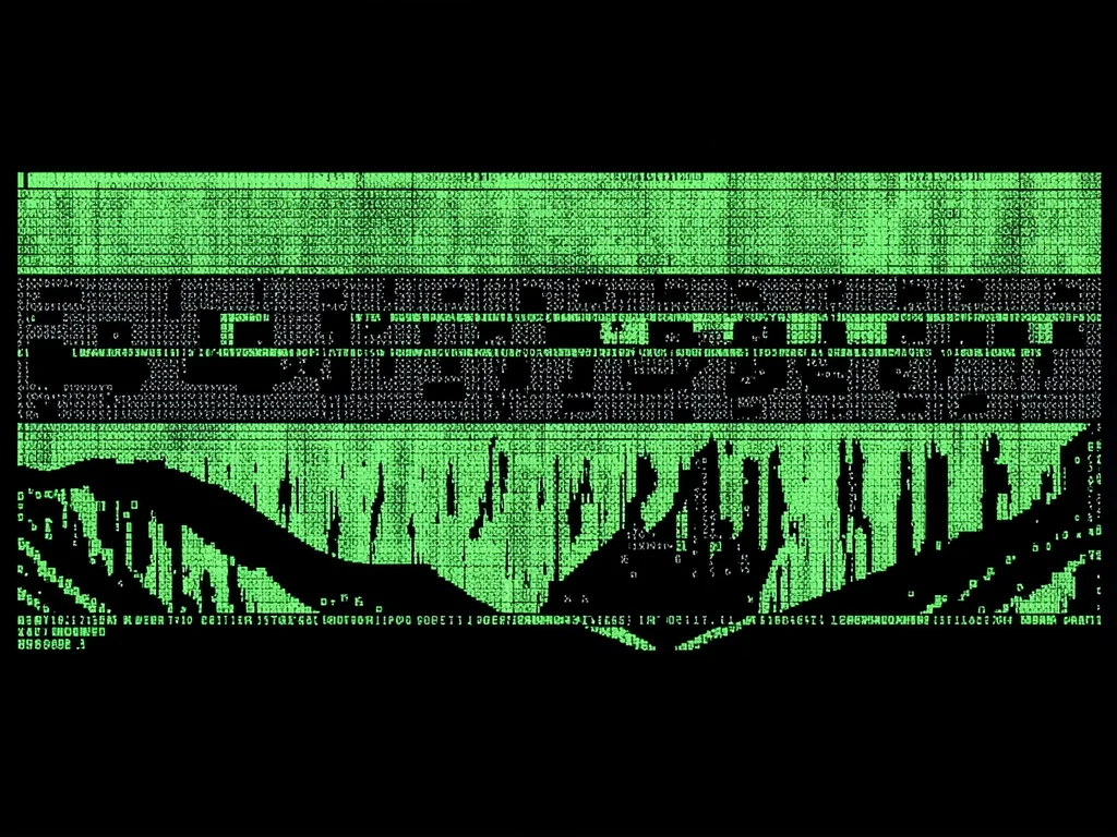 A grand canyon panorama in ASCII — rock strata as horizontal bands of varying ch