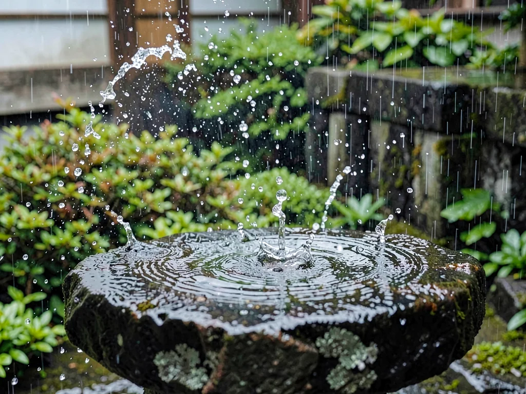 Rain on stone basin creating patterns