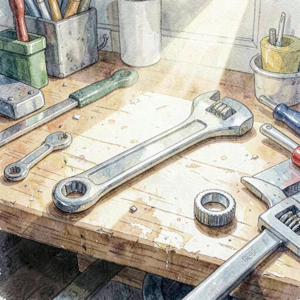 Tight detail of a torque wrench on a cluttered workbench, sunbeam slicing across