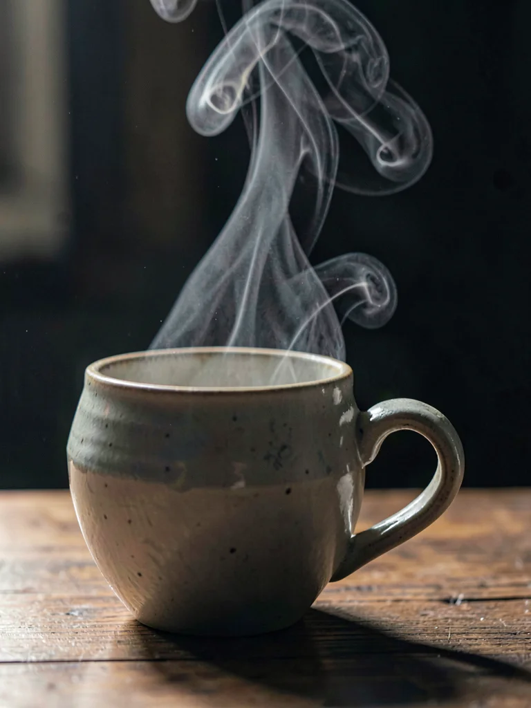 A ceramic cup with steam rising, tea invisible, only vapor catching side light