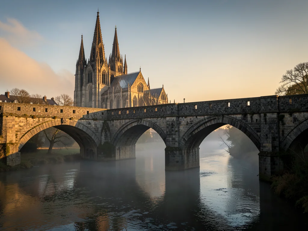 Medieval stone bridge over a misty river at dawn, Gothic cathedral spires in the