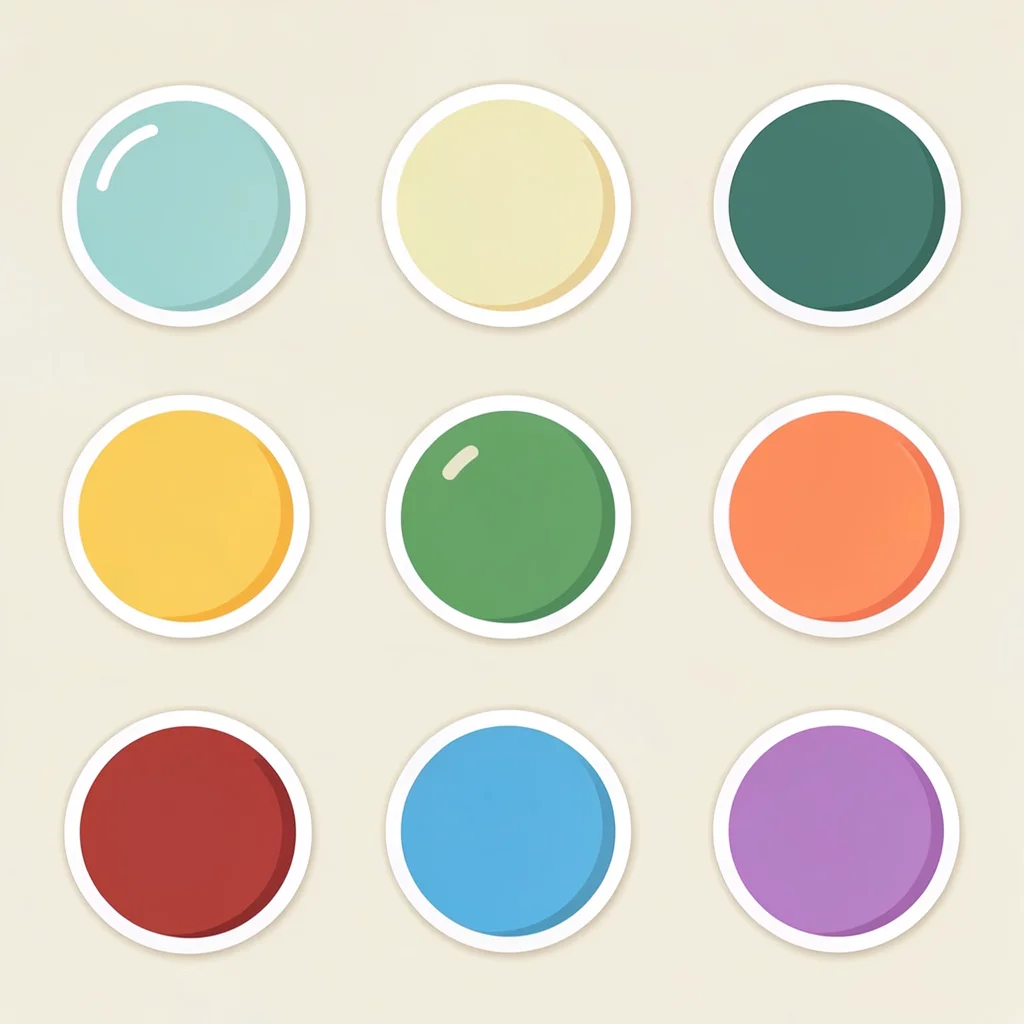 Flat catalog grid of nine sticker shapes in different colorways, balanced spacin