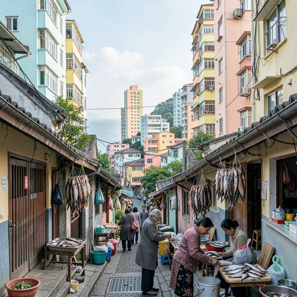 Busan vertical density, hillside village stacking, grandmother selling dried fis