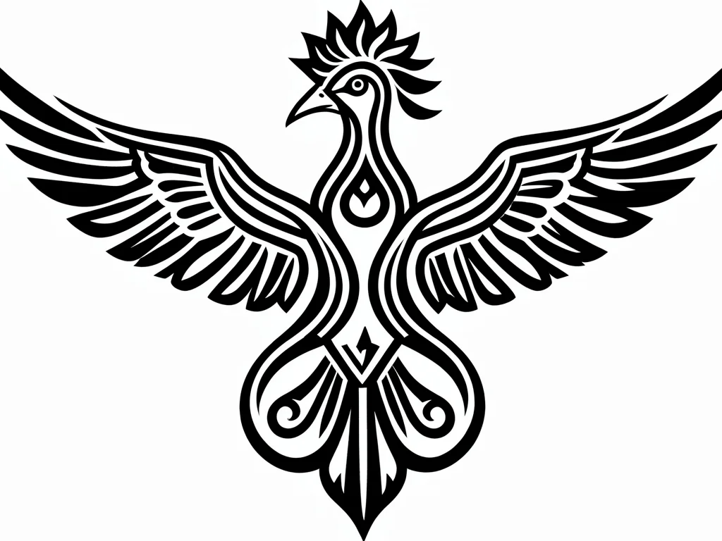 Thunderbird — wings spread wide, curved lightning snake in each wing, crest over