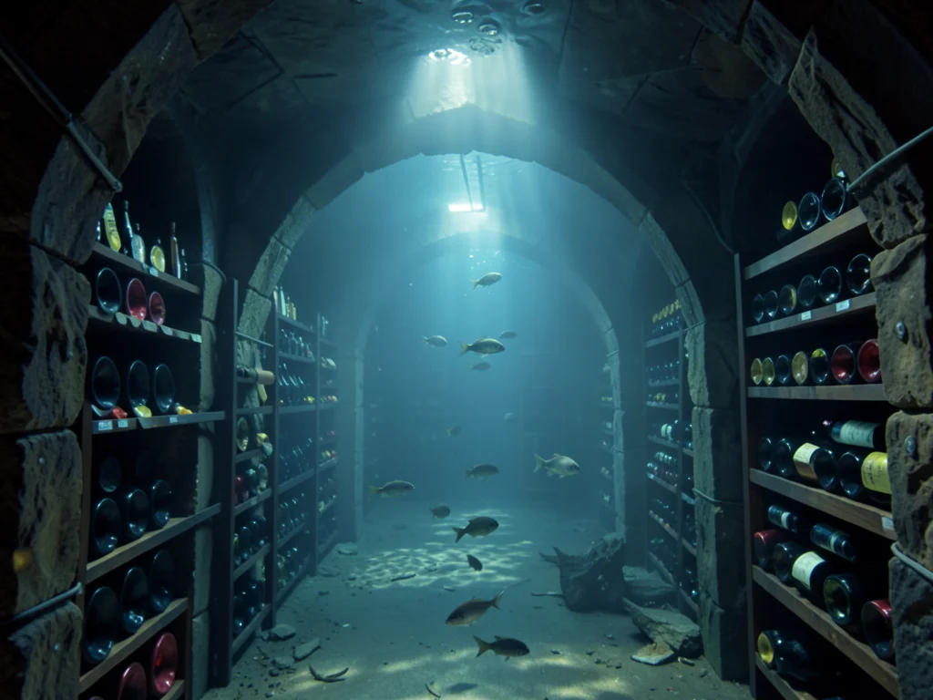 Underwater wine cellar, stone arches, bottles in racks, fish swimming between, l