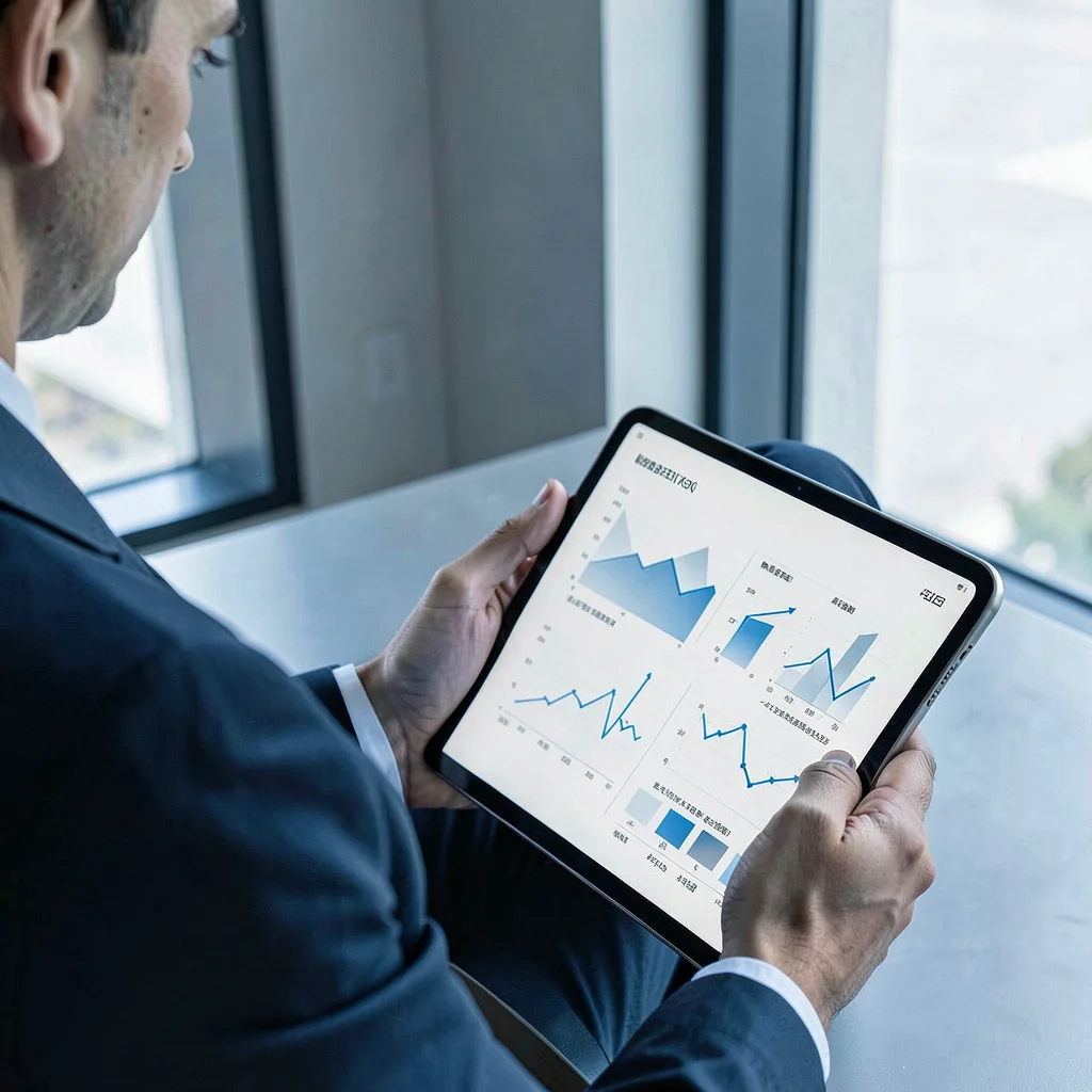 Editorial photograph, Person reviewing financial documents on tablet, charts and