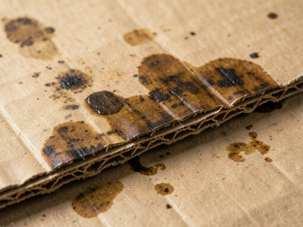 Old fruit crate cardboard with grease stains, translucent dark patches where oil