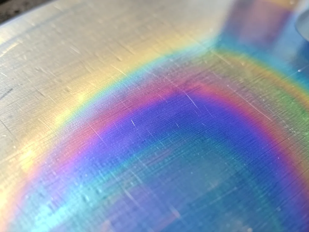 Tempered steel surface showing heat-treatment color gradient, straw gold fading 