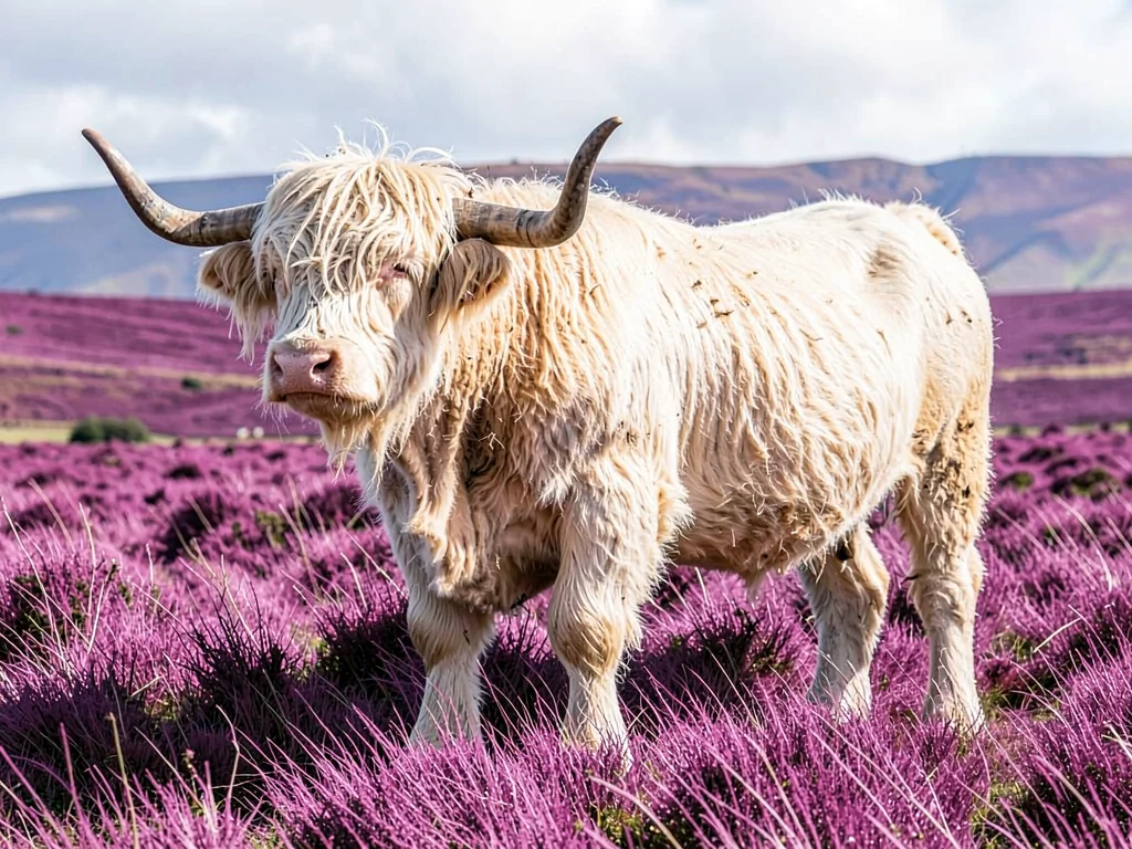 Scottish highland cattle standing in magenta grass, shaggy coats in impossible c