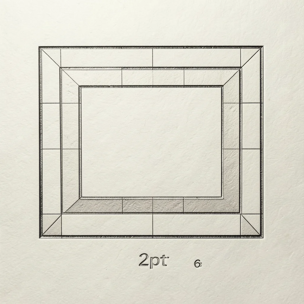 Three nested rectangles of different weights — hairline, 2pt, 6pt rule — pressed