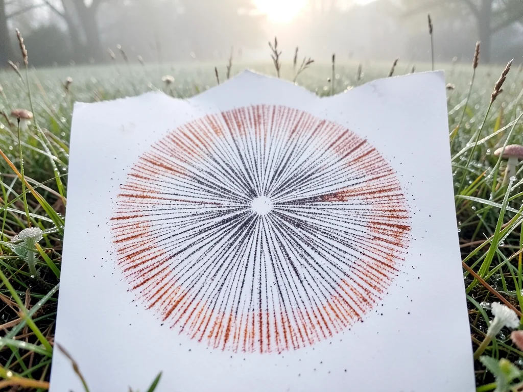 Fairy ring of mushrooms in dewy spring meadow, morning mist
