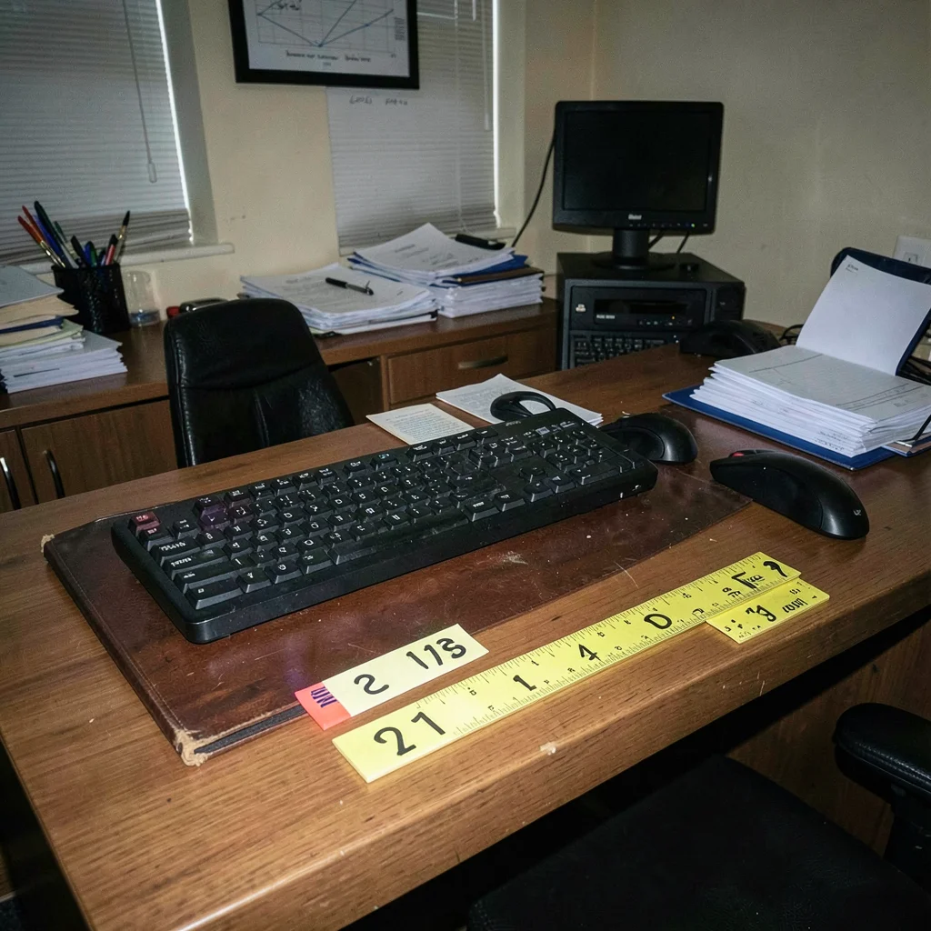 Home office desk setup photographed as crime scene evidence