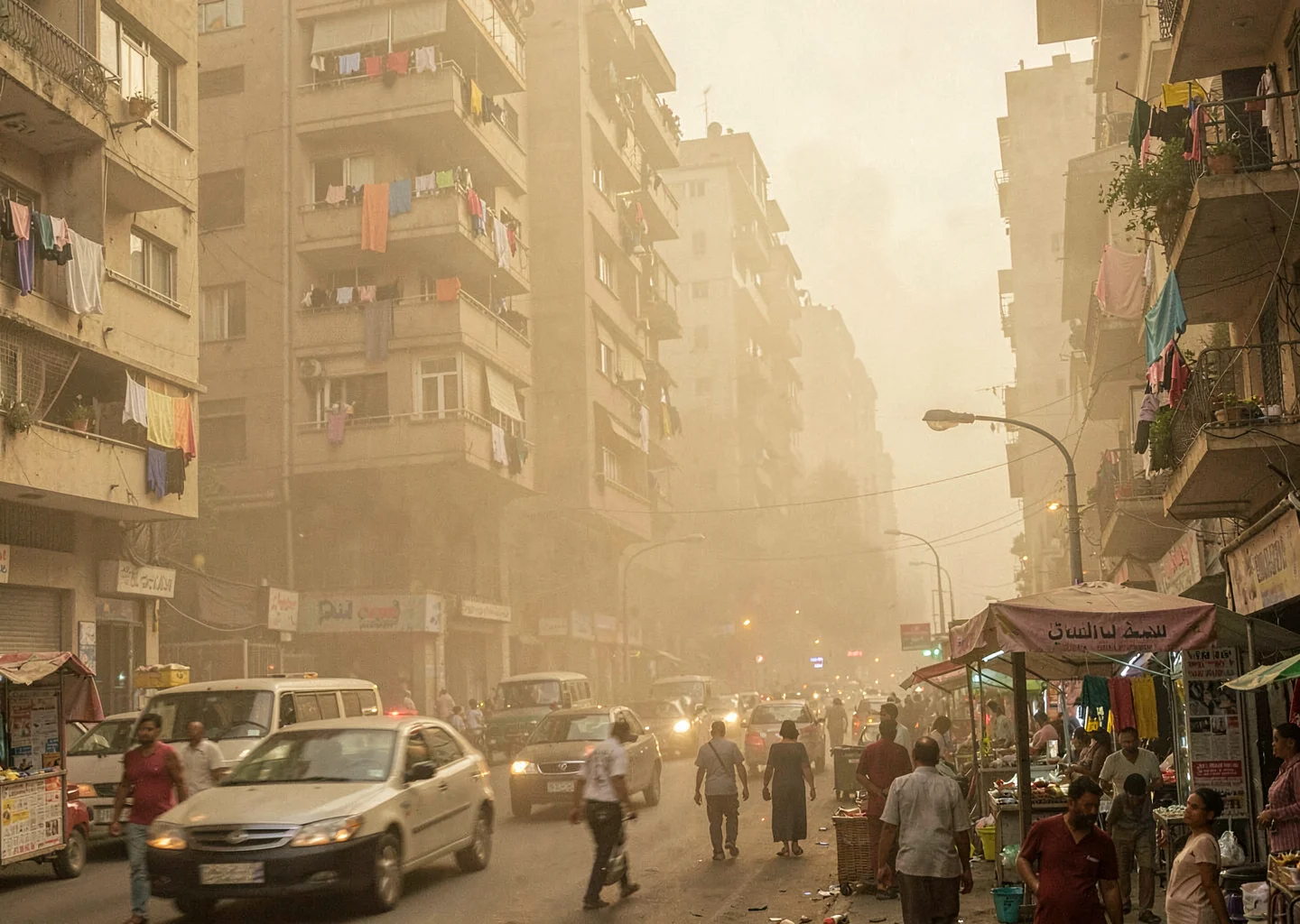 Dusty golden Cairo haze compressing apartment layers, newspaper kiosk on busy co