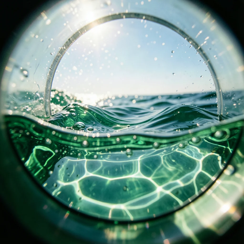 Extreme close-up of water surface on a moving swell — sun creating moving causti