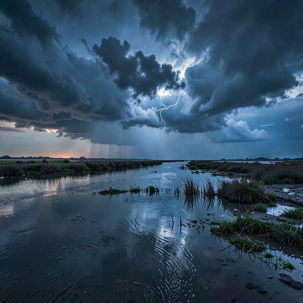 Atmospheric landscape of a stormy estuary at blue hour, clouds tearing above sha