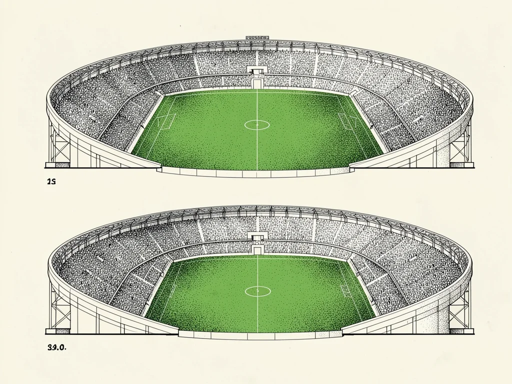 Paired plan and elevation of a stadium fill with tiny stippled crowd dots and on