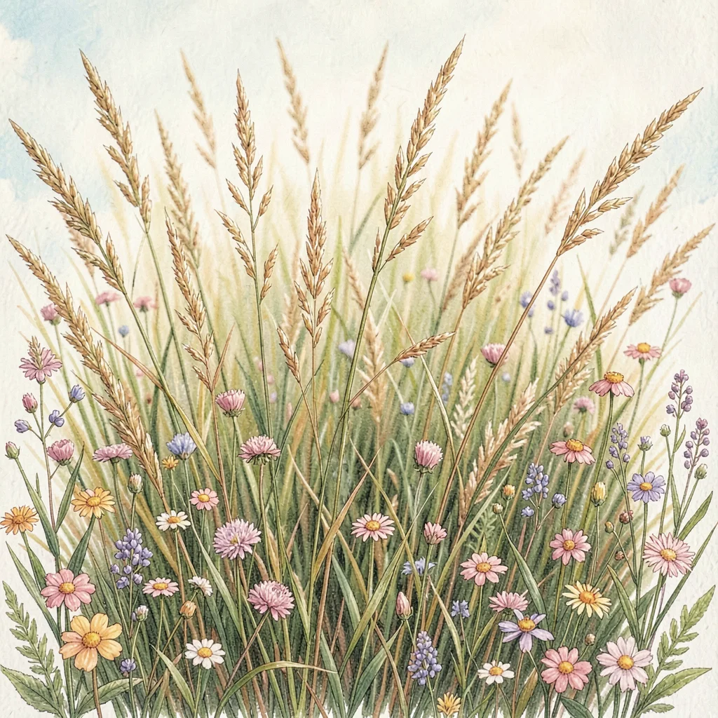 botanical illustration of meadow grass with wildflower edges