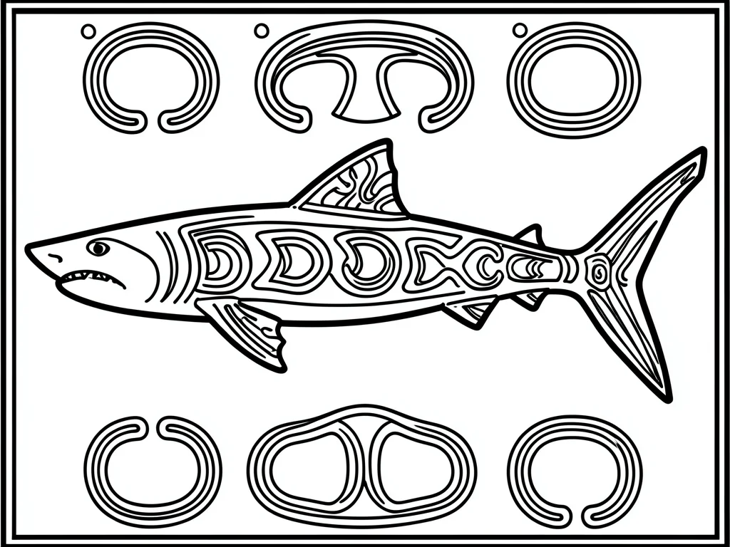 Dogfish shark — long body, gill slits as repeating U-forms, tail split-U