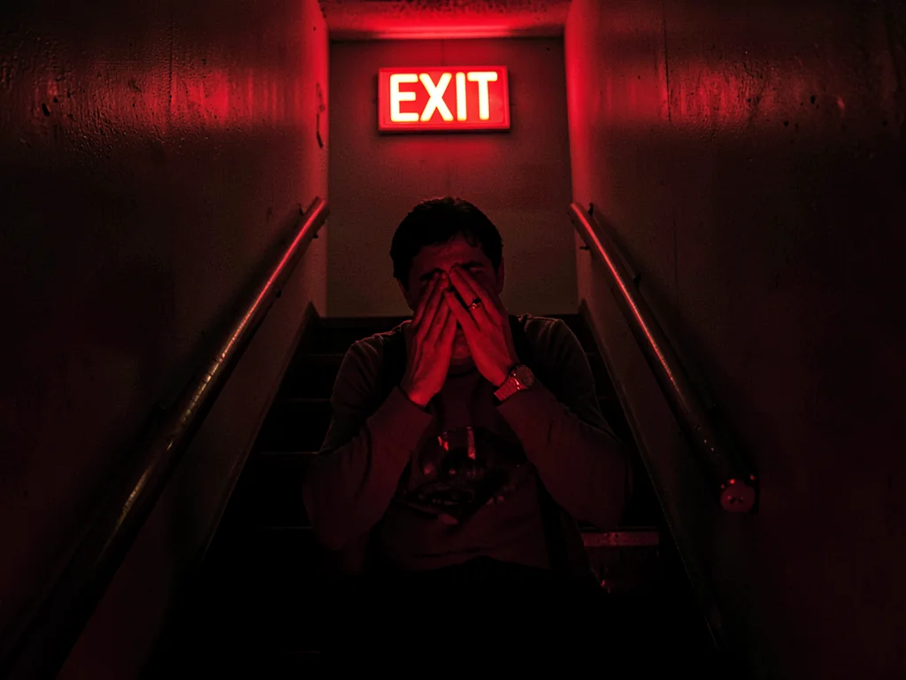 Person crying in stairwell lit only by EXIT sign, the emergency emotion in emerg