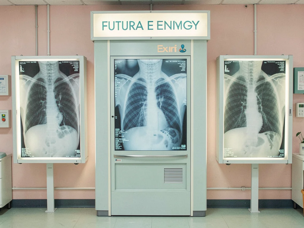 X-ray viewing station, two lightboxes flanking center, chest X-rays displayed sy