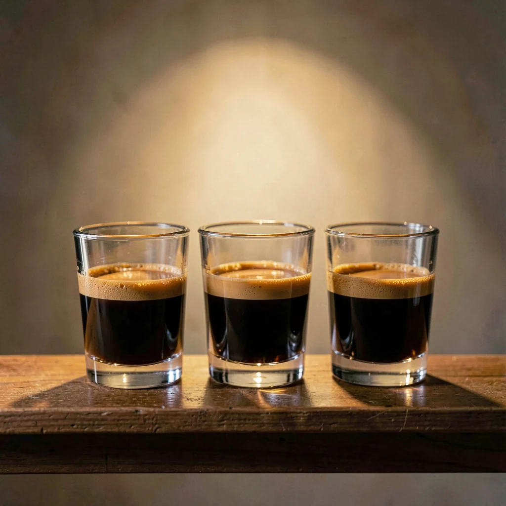 Warm still-life of three espresso shots in clear glass on a wooden rail, soft tu