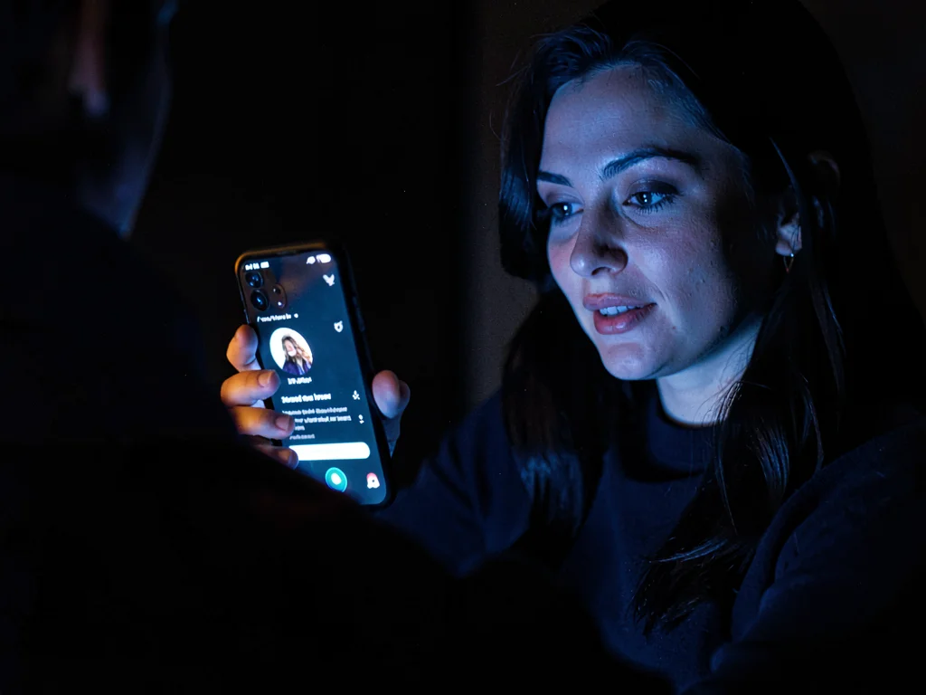 Person on dating app, swiping in dark bar, phone glow on hopeful face, the searc